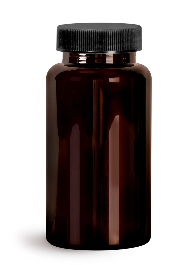 PET Plastic Bottles, Dark Amber Wide Mouth Packer Bottles w/ Black Ribbed PE Lined Caps