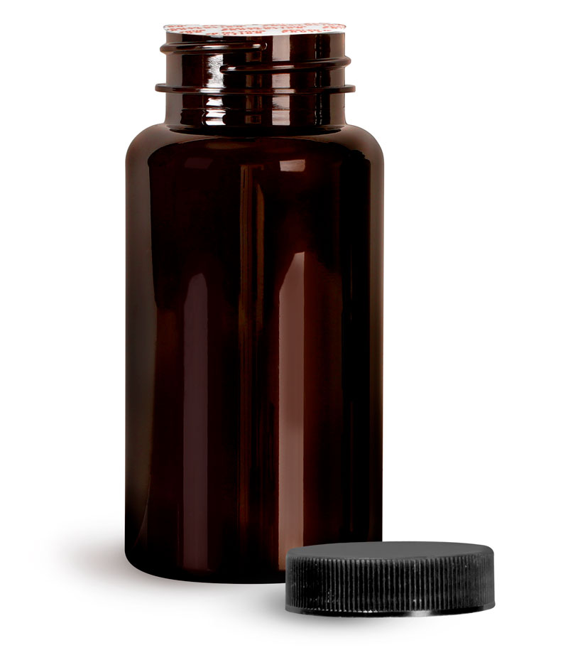 PET Plastic Bottles, Dark Amber Wide Mouth Packer Bottles w/ Black Ribbed Induction Lined Caps