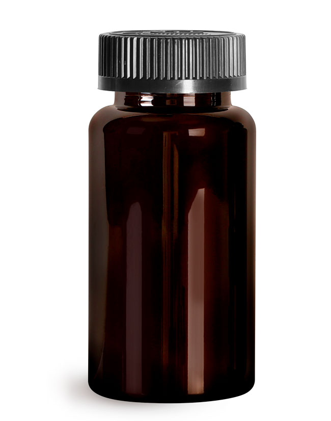 Plastic Bottles, Dark Amber PET Wide Mouth Packer Bottles w/ Black Child Resistant Caps
