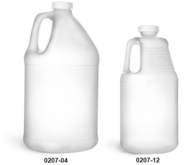 Plastic Jugs, HDPE Round Handle Jugs w/ White Ribbed Caps