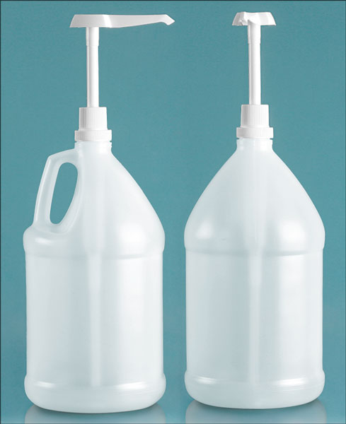 Plastic Bottles, Natural HDPE Jugs w/ White Industrial Pumps
