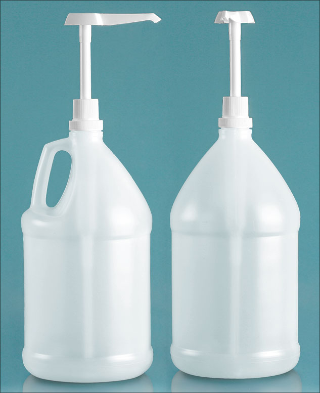 Plastic Bottles, Natural HDPE Jugs w/ White Industrial Pumps