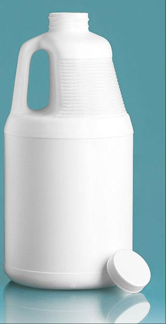 HDPE Plastic Jugs, White Round Jugs w/ White Ribbed Caps