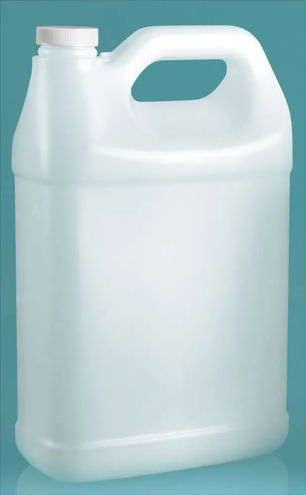 1 gal Plastic Jugs, Natural HDPE F-Style Jugs w/ Lined White Ribbed Caps