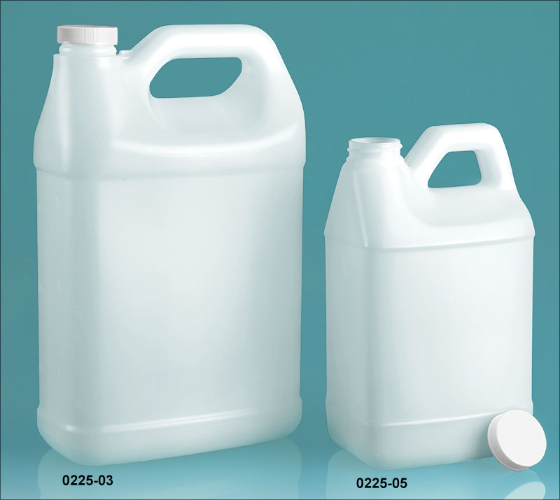 Plastic Jugs, Natural HDPE F-Style Jugs w/ Lined White Ribbed Caps
