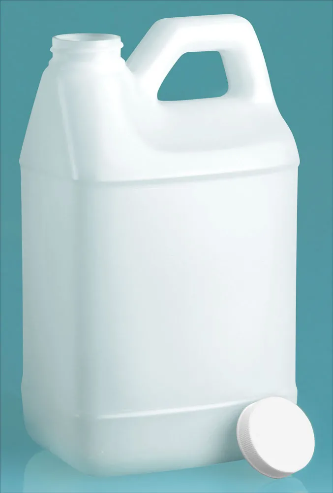 64 oz Plastic Jugs, Natural HDPE F-Style Jugs w/ Lined White Ribbed Caps