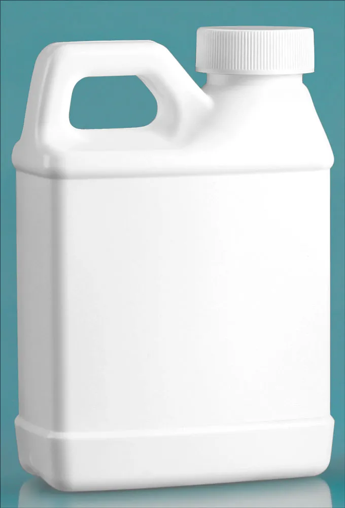 8 oz HDPE Plastic Jugs, White F-Style Jugs w/ White Lined Ribbed Caps