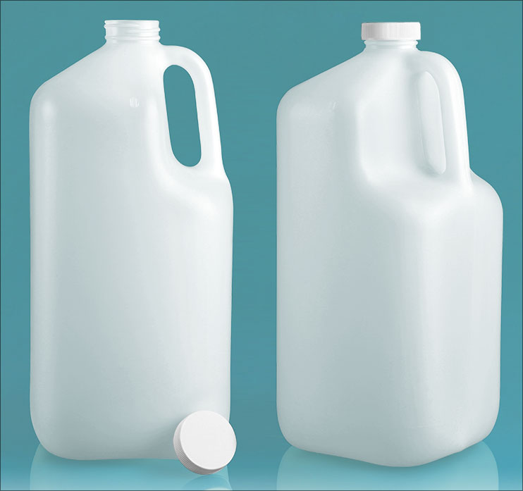 Natural HDPE Square Handle Jugs w/ White Ribbed Lined Caps