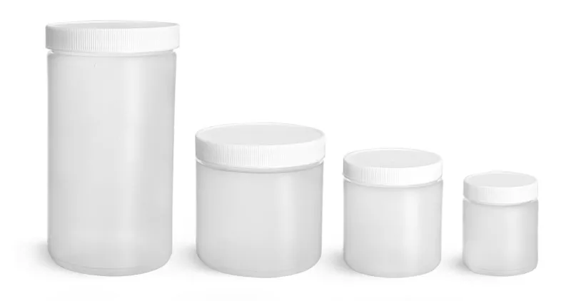 HDPE Plastic Jars, Natural Straight Sided Jars w/ White Lined Screw Caps