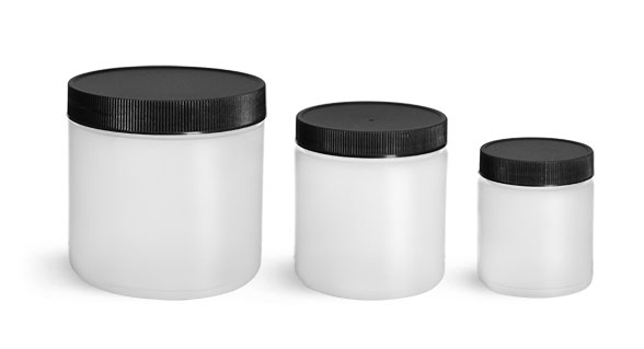 HDPE Plastic Jars, Natural Straight Sided Jars w/ Black Lined Screw Caps