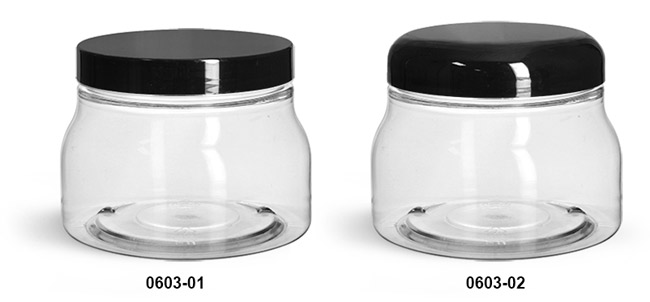 Plastic Jars, Clear PET Tuscany Jars w/ Black Smooth Plastic Caps