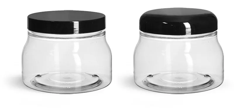 PET Plastic Jars, Clear Tuscany Jars w/ Black Smooth Plastic Caps