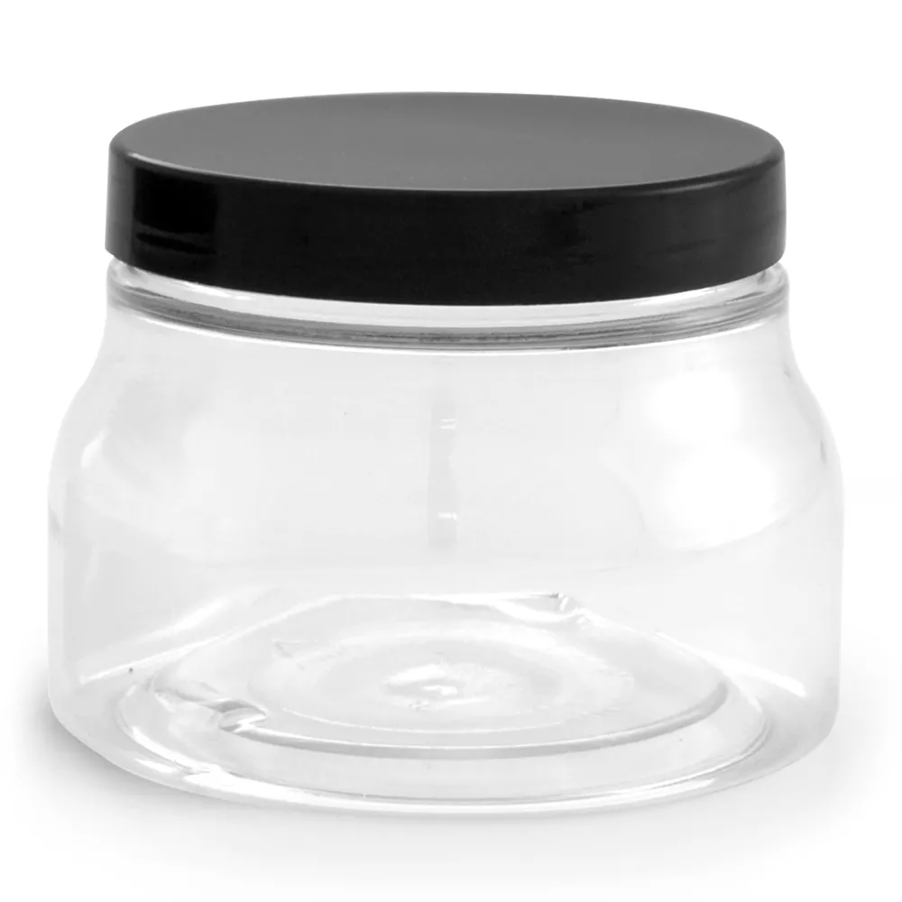 8 oz w/ Smooth Cap Clear PET Tuscany Jars w/ Black Smooth Plastic Caps