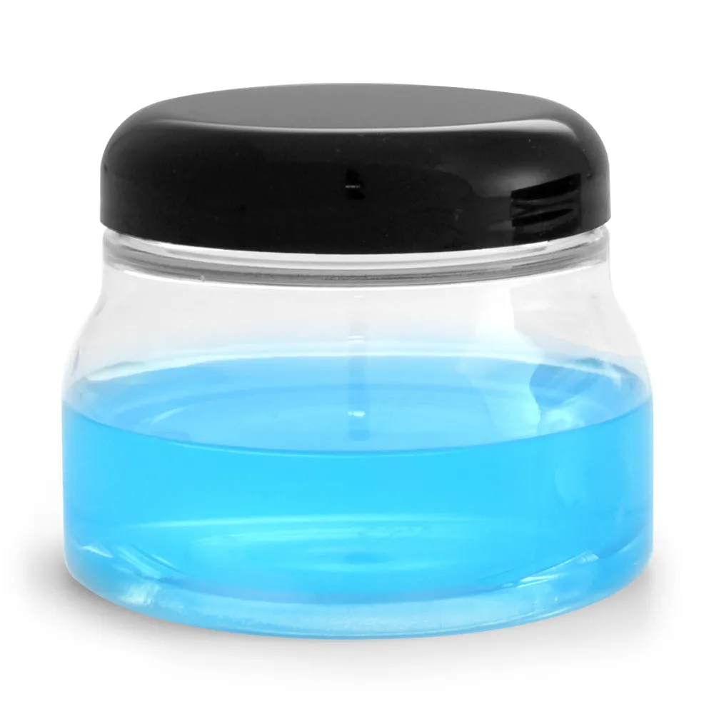8 oz w/ Dome Cap Clear PET Tuscany Jars w/ Black Smooth Plastic Caps