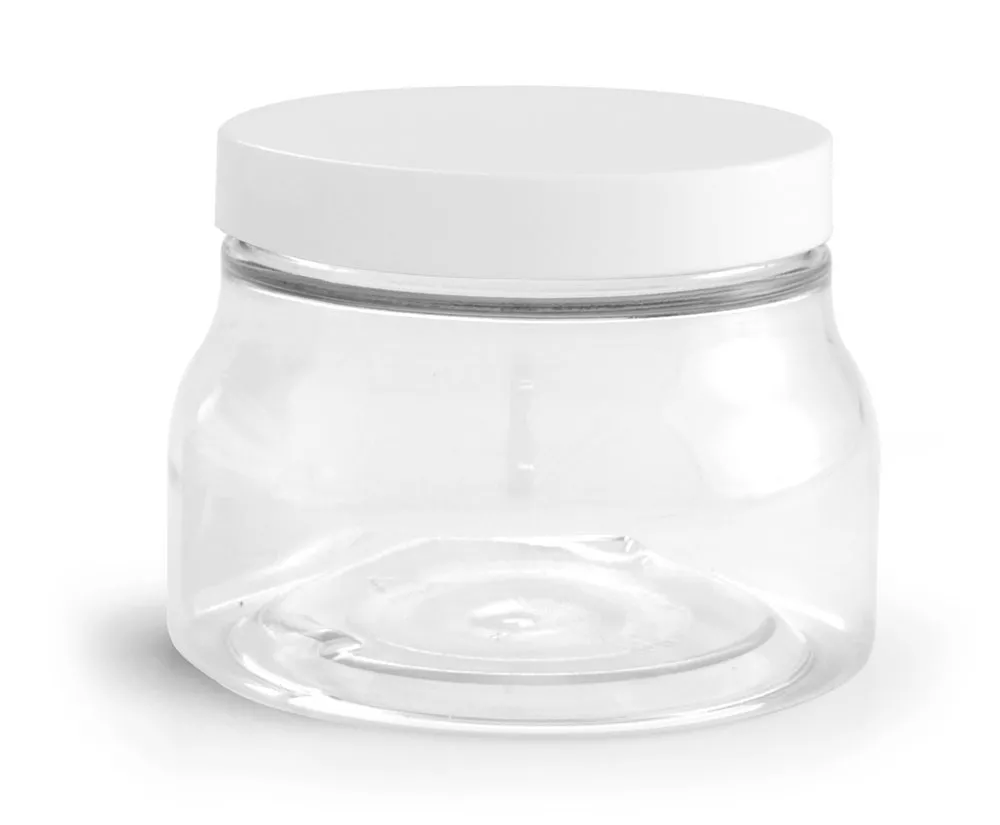8 oz w/ Smooth Cap PET Plastic Jars, Clear Tuscany Jars w/ White Smooth Plastic Caps