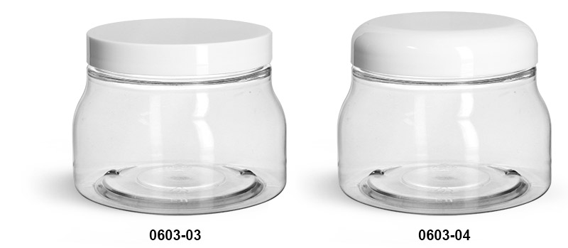 Plastic Jars, Clear PET Tuscany Jars w/ White Smooth Plastic Caps
