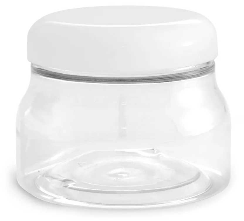 8 oz w/ Dome Cap PET Plastic Jars, Clear Tuscany Jars w/ White Smooth Plastic Caps