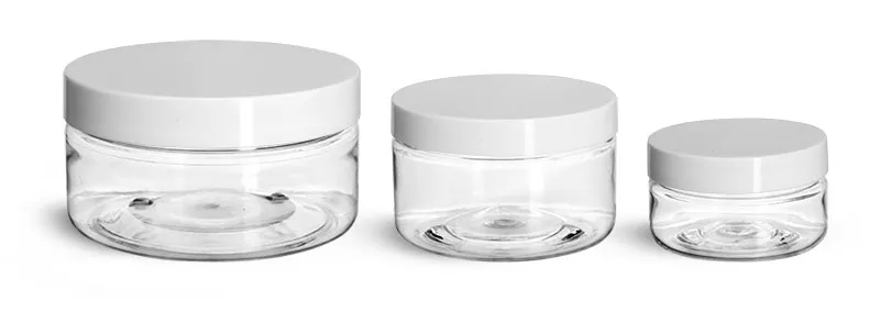 PET Plastic Jars, Clear Heavy Wall Jars w/ White Smooth Lined Plastic Caps