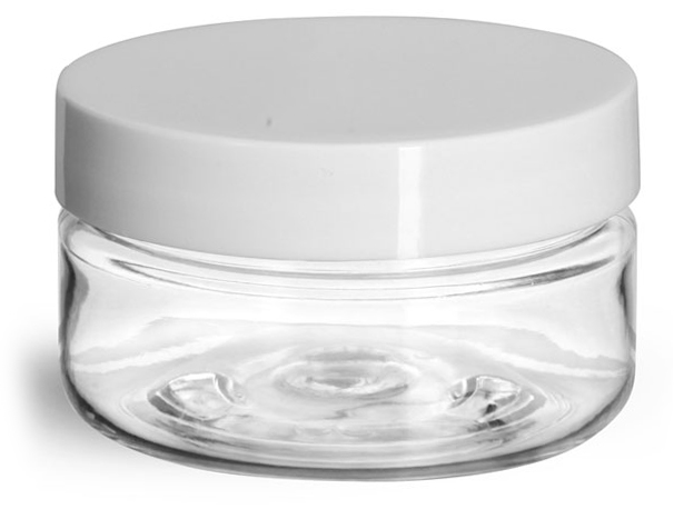 2 oz Clear PET Heavy Wall Jars w/ White Smooth Lined Plastic Caps