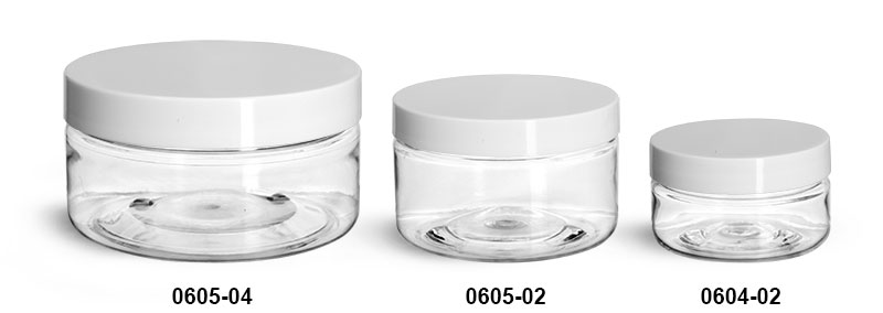 Plastic Jars, Clear PET Heavy Wall Jars w/ White Smooth Lined Plastic Caps
