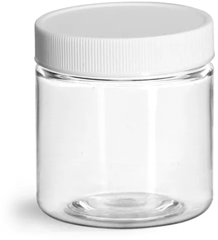 4 oz Clear PET Straight Sided Jars w/ Black Smooth Plastic Lined Caps