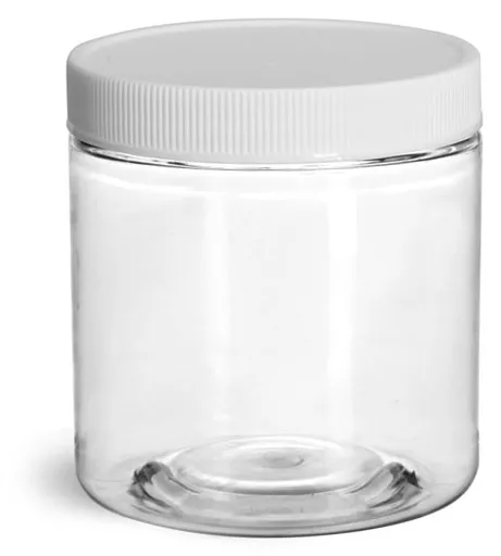 8 oz Clear PET Jars w/ White Ribbed Plastic Unlined Caps