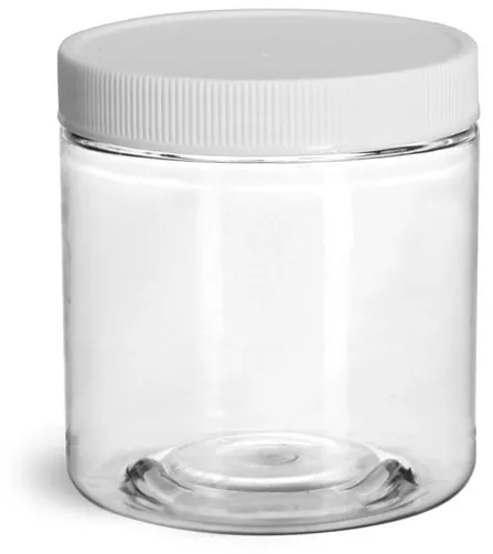 Food Jars, 16 oz Clear PET Plastic Jars w/ Red Ribbed Induction