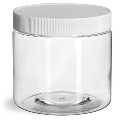 16 oz Clear PET Jars w/ White Ribbed Plastic Unlined Caps