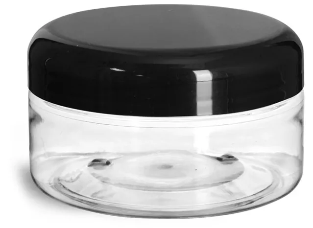 8 oz Plastic Jars, Clear PET Heavy Wall Jars w/ Black Smooth Lined Plastic Dome Caps
