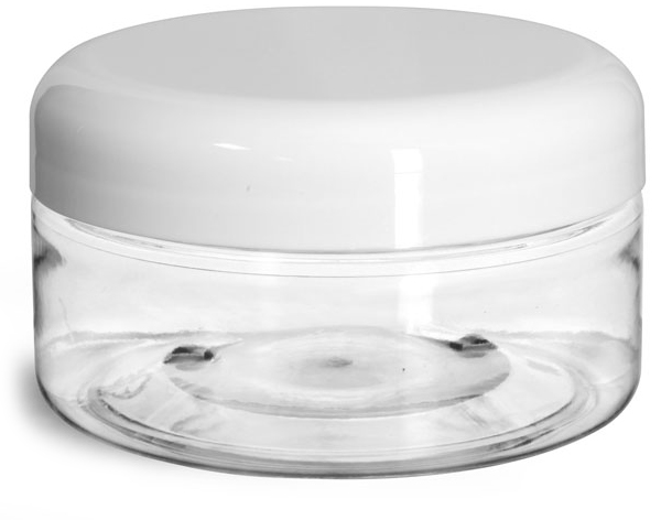 8 oz Plastic Jars, Clear PET Heavy Wall Jars w/ Lined White Plastic Dome Caps