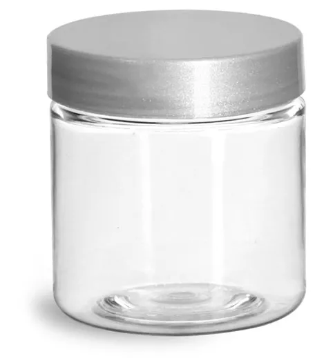 4 oz Clear PET Straight Sided Jars w/ Silver Smooth Lined Caps