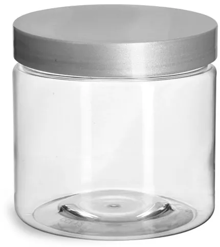 16 oz Clear PET Straight Sided Jars w/ Silver Smooth Lined Caps