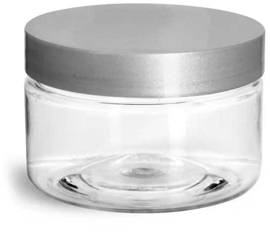 4 oz Clear PET Heavy Wall Jars w/ Silver Smooth Lined Caps
