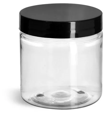 4 oz Clear PET Jars w/ Black Smooth Plastic Lined Caps
