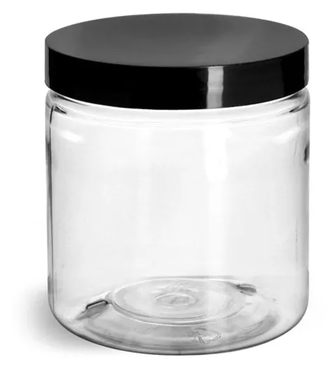 8 oz Clear PET Jars w/ Black Smooth Plastic Lined Caps