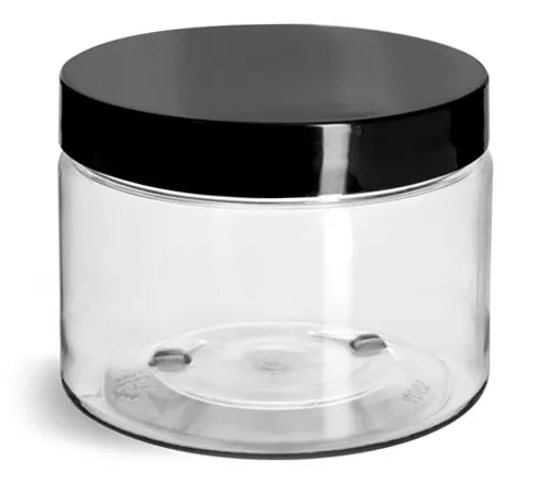 12 oz Clear PET Jars w/ Black Smooth Plastic Lined Caps