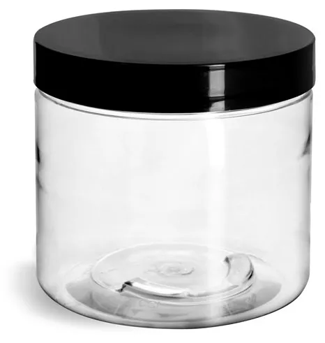 16 oz Clear PET Jars w/ Black Smooth Plastic Lined Caps