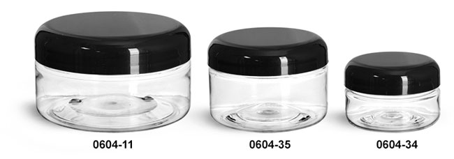 Plastic Jars, Clear PET Heavy Wall Jars w/ Black Smooth Lined Plastic Dome Caps