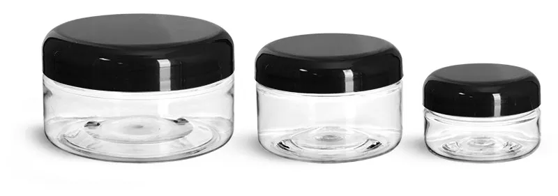 PET Plastic Jars, Clear Heavy Wall Jars w/ Black Smooth Lined Plastic Dome Caps
