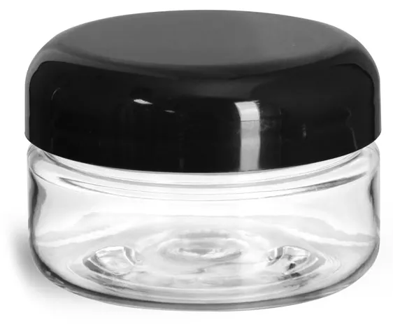 2 oz Plastic Jars, Clear PET Heavy Wall Jars w/ Black Smooth Lined Plastic Dome Caps