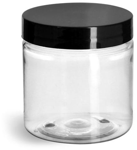 8 oz Clear PET Straight Sided Jars w/ Black Smooth Plastic Lined Caps