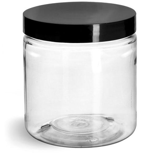 8oz Clear Plastic Jars with Black Lids ; BPA Free PET Stackable... 6 pack 