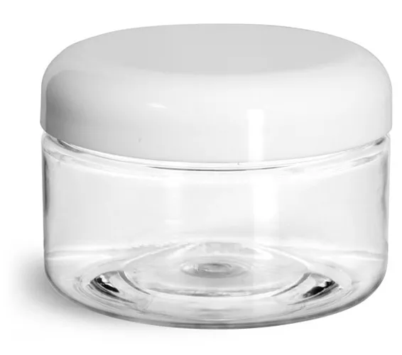 4 oz Plastic Jars, Clear PET Heavy Wall Jars w/ Lined White Plastic Dome Caps
