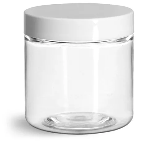 4 oz Clear PET Straight Sided Jars w/ White Smooth Plastic Lined Caps