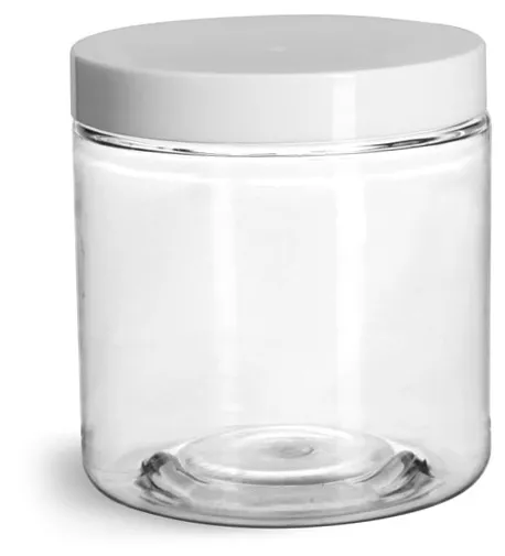 8 oz Clear PET Straight Sided Jars w/ White Smooth Plastic Lined Caps