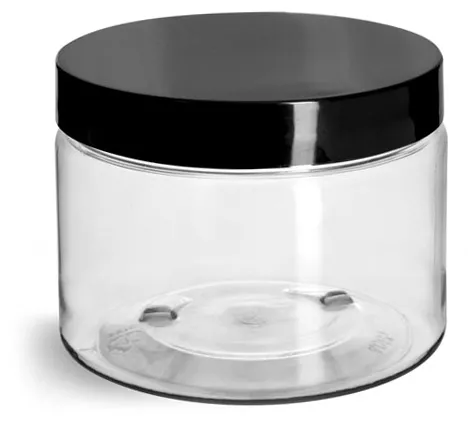 12 oz Clear PET Straight Sided Jars w/ Black Smooth Plastic Lined Caps