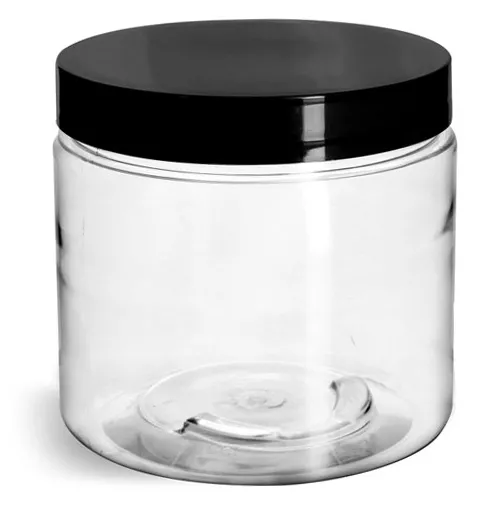 16 oz Clear PET Straight Sided Jars w/ Black Smooth Plastic Lined Caps