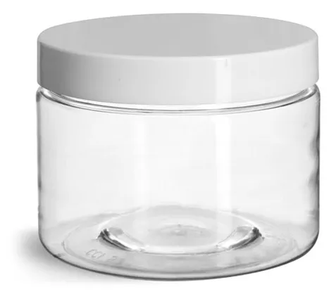 12 oz Clear PET Straight Sided Jars w/ White Smooth Plastic Lined Caps
