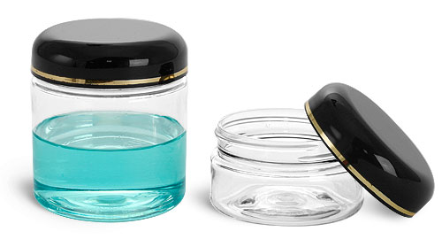 Clear PET Jars w/ Lined Black Dome Caps w/ Gold Band