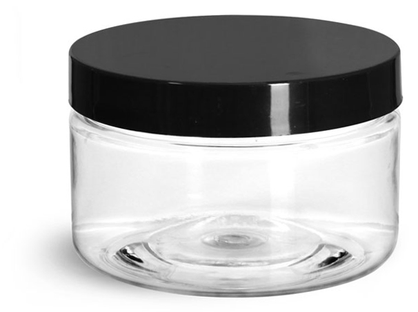 4 oz Clear PET Heavy Wall Jars w/ Black Smooth Lined Caps